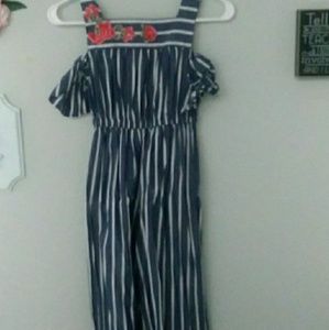 Blue white striped jumpsuit.